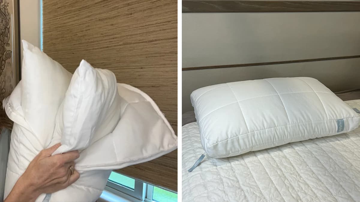 Hand actively unzipping pillow to reveal 2-layer system