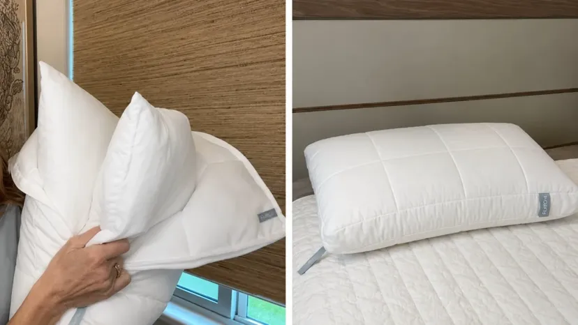 Hand actively unzipping pillow to reveal 2-layer system