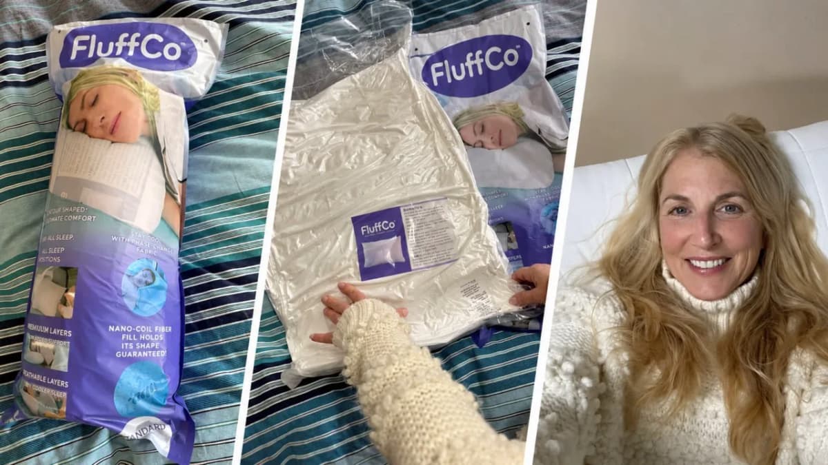 Three-part composite: Woman sleeping on FluffCo pillow, pillow unboxing, and customer testimonial